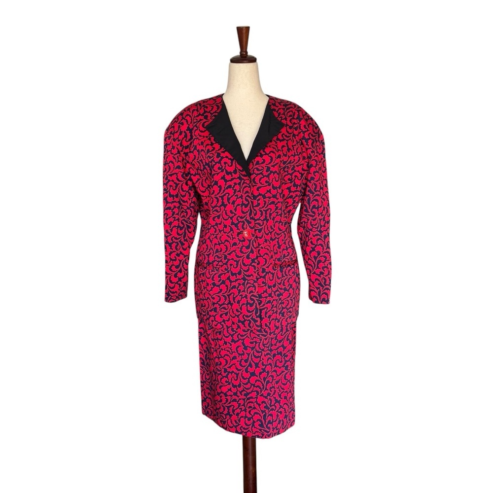Vintage 80s Gianfranco Ferre Red and Blue Print Jacket Skirt Suit Set Large